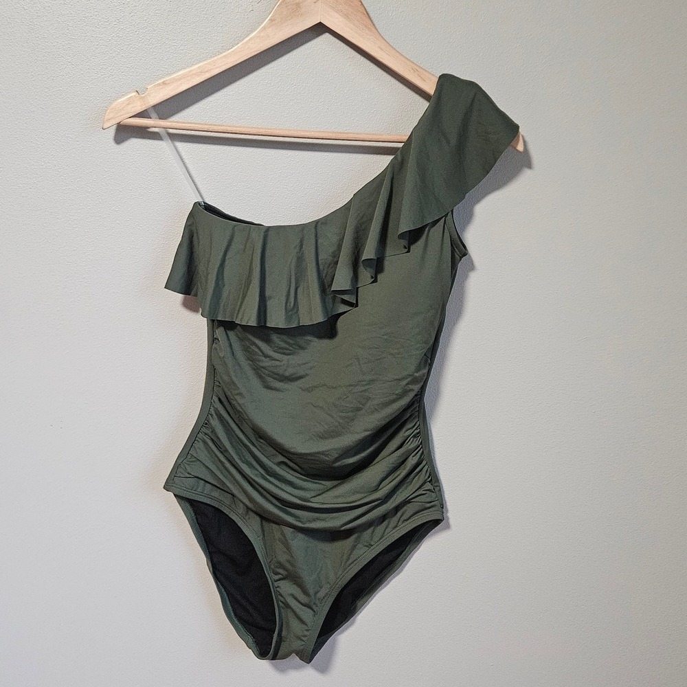 Hilor Green One Piece Swimsuit Ruched Feminine Ruffle Tummy Control Womens 8 NWT - Picture 10 of 10